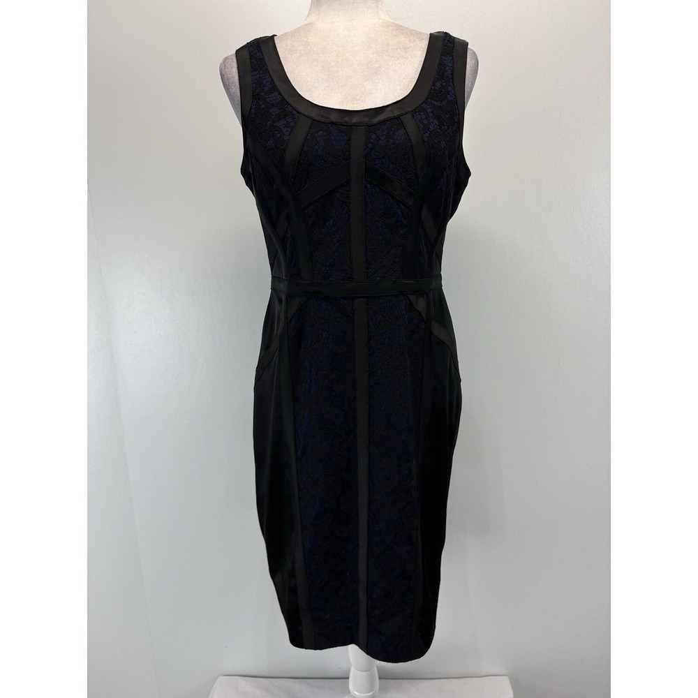 Cache Black Satin Lace Over Blue Dress Sz 10 Women's Fitted Sleeveless Cocktail